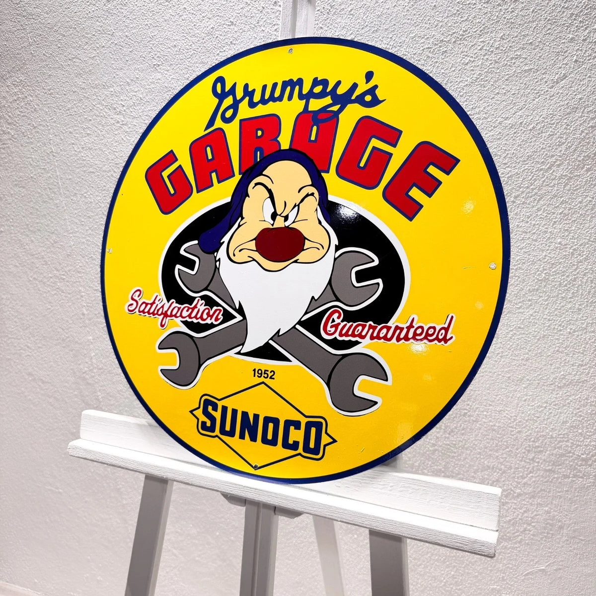 Sunoco Gas Oil Grumpy's Round Heavy Metal Sign – Garage & Man Cave Decor