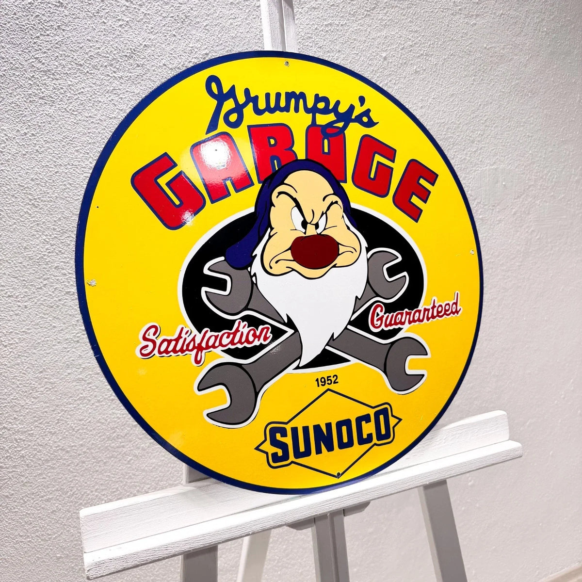 Sunoco Gas Oil Grumpy's Round Heavy Metal Sign – Garage & Man Cave Decor
