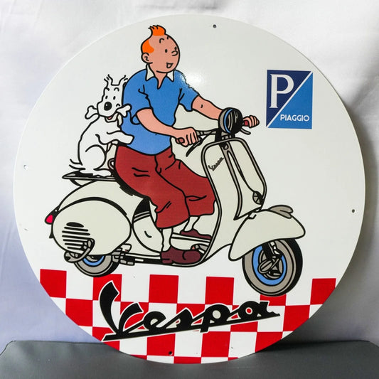 Vespa Tintin Scooter - Piaggio Round Heavy Metal Sign – Garage & Man Cave Decor