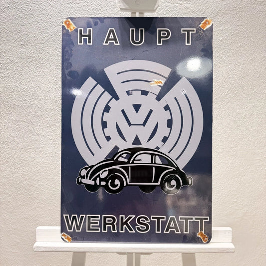 Volkswagen Beetle Haupt Werkstatt Rusted Heavy Metal Sign – Garage & Man Cave Decor