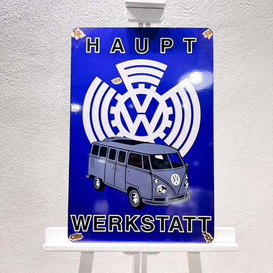 Volkswagen Bus Haupt Werkstatt Rusted Heavy Metal Sign – Garage & Man Cave Decor